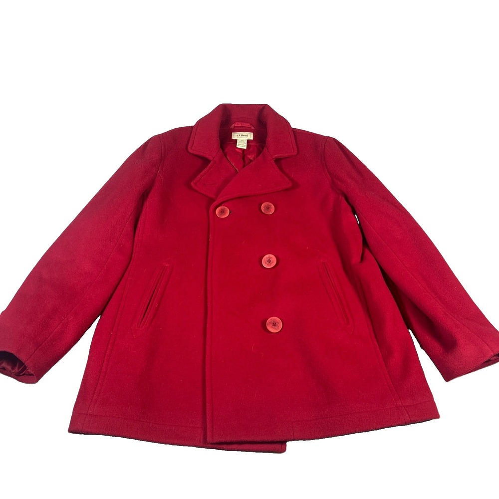 LL Bean Jacket Womens 12 Red Pea Coat Lambswool Button Heavy Classic Nautical